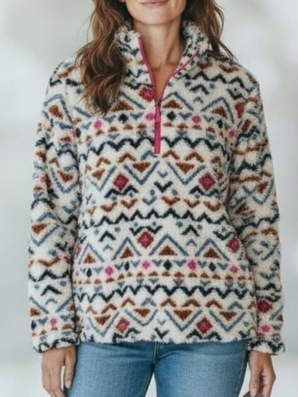 Eddie Bauer Aztec Sherpa Quarter-Zip Pullover Fleece Western Boho